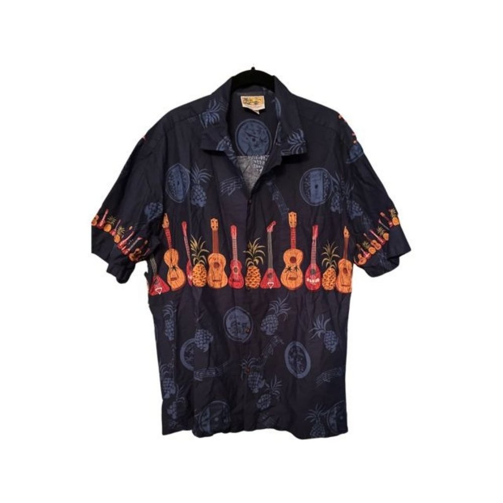 Men Hawaiian XL Shirt Ukulele Guitar Pineapple Winnie Fashion Made USA Black EUC